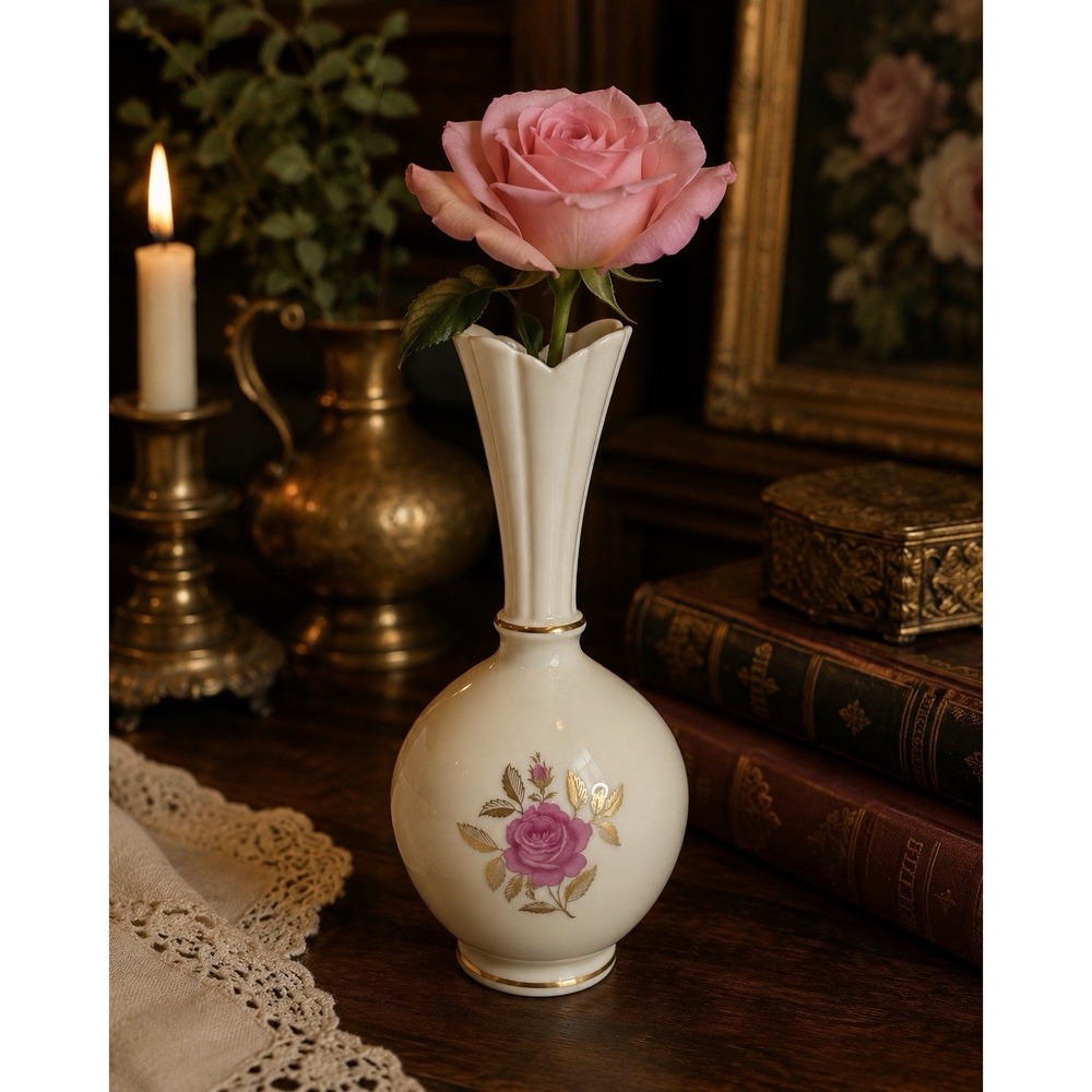Vintage Lenox Roselyn Bud Vase Pink Rose Gold Trim USA 8"